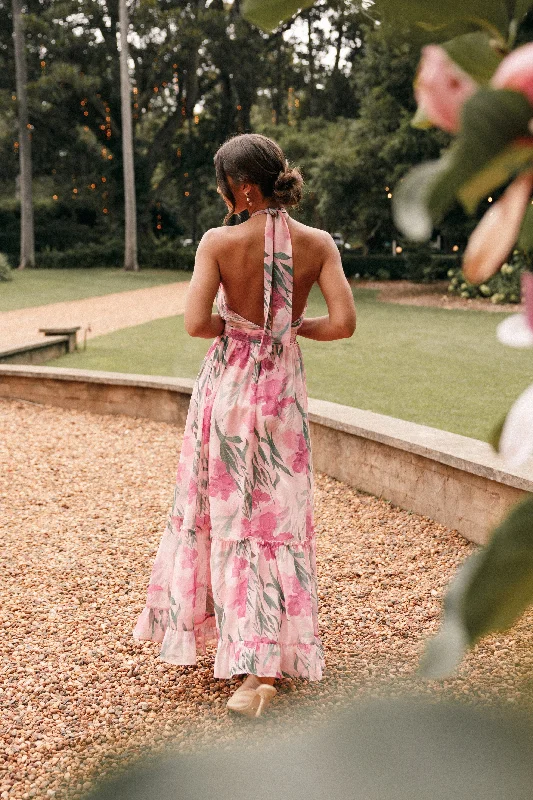 ladies-maxi-dress-flowy-length-Lennon Halterneck Maxi Dress - Pink Floral