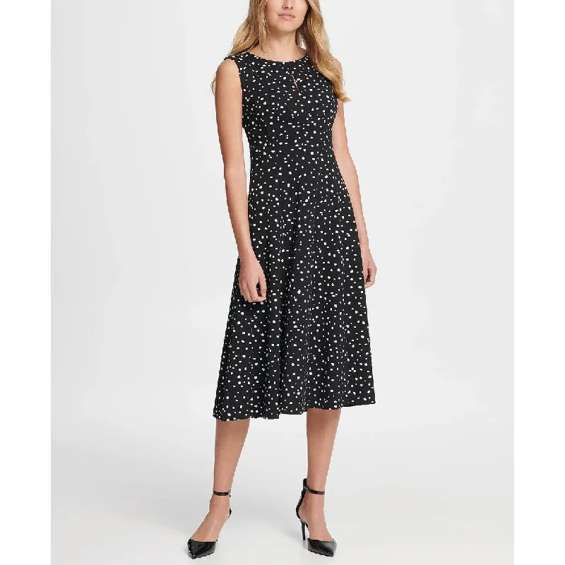 Women's flare dress minimalist -DKNY Women's Dot Print Pleated Empire Waist Midi Fit & Flare Dress Gray Size 14