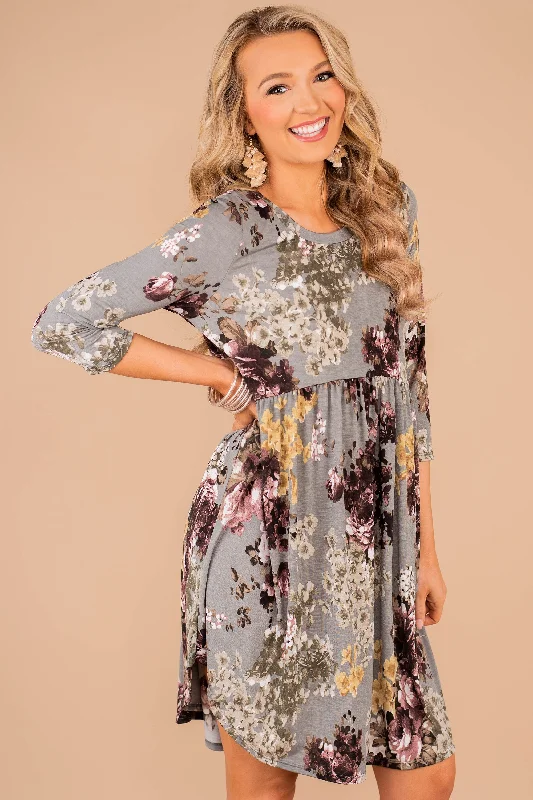 Women's floral dress tassel -Start Your Week Gray Floral Dress