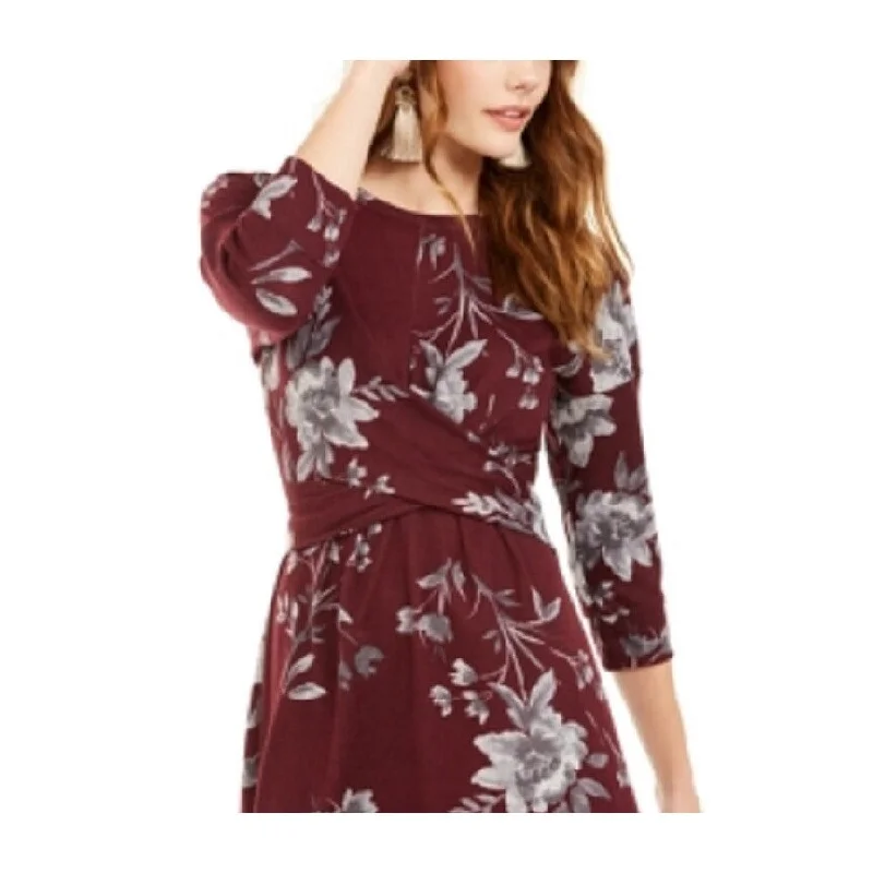 Women's flare dress cotton -Bebop Women's Twist Front Floral 3/4 Sleeve Jewel Neck Short Fit Flare Dress Wine Size Large