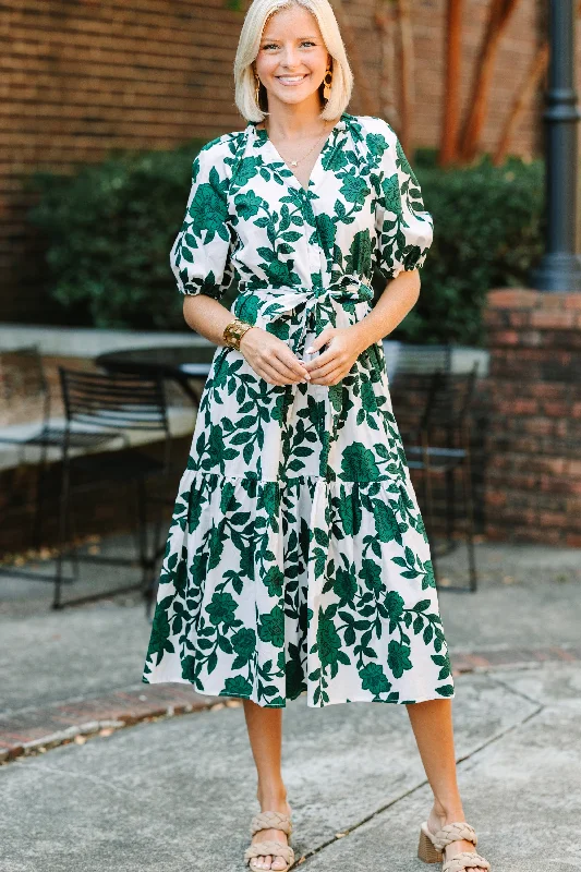 Women's floral dress peony -Sugarlips: Step Out Forest Green Floral Midi Dress