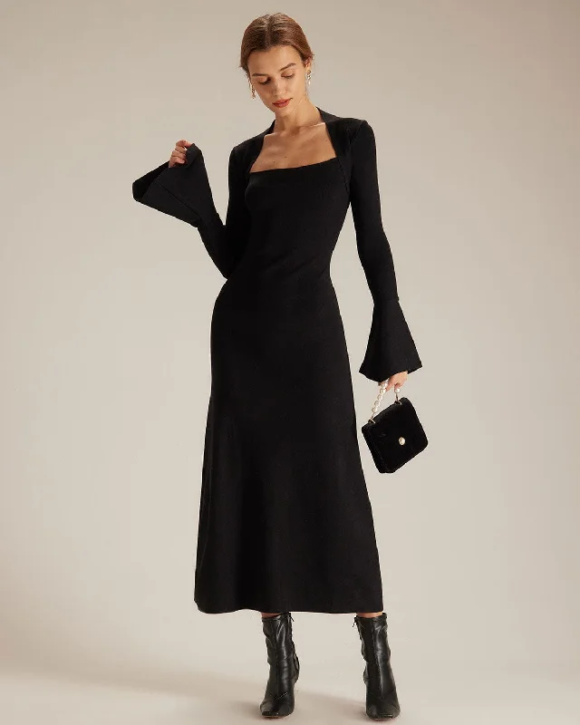 Women's flare dress oversized -The Black Square Neck Flare Sleeve Midi Dress