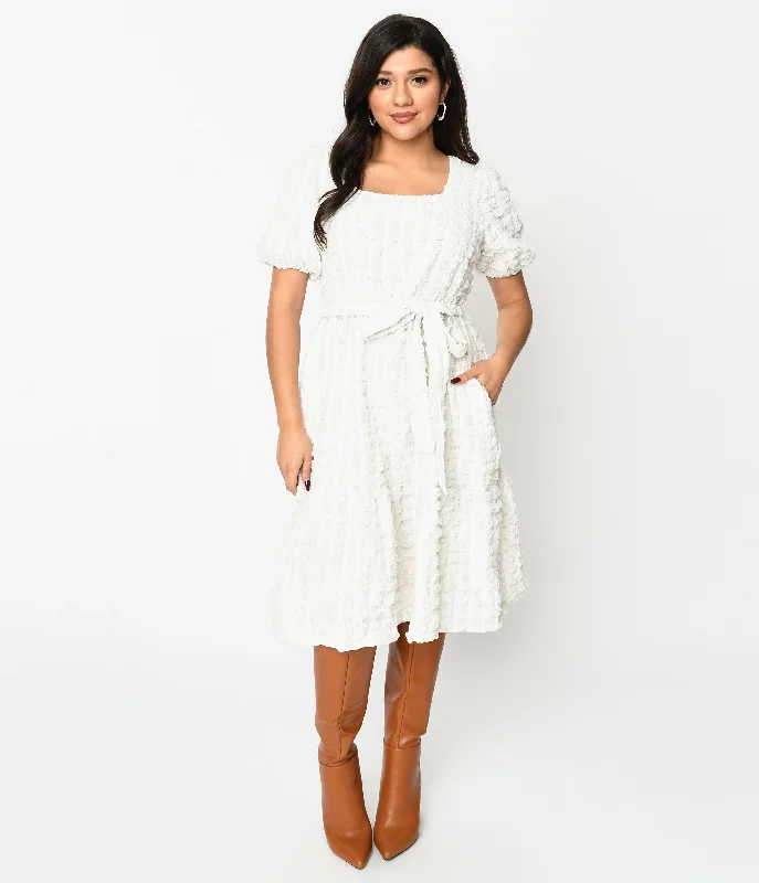 Women's flare dress Christmas -Ivory Textured Smock Fit & Flare Dress