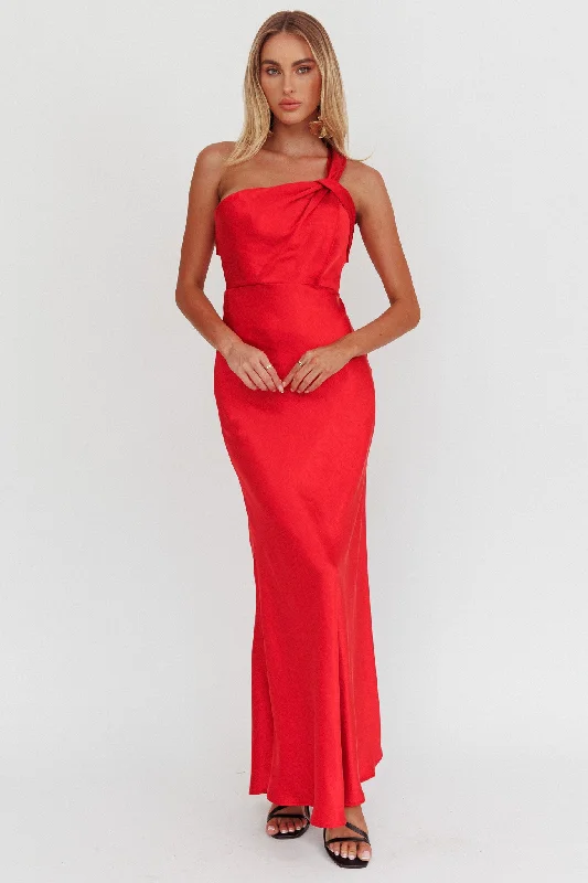 ladies-maxi-dress-swingy-flow-Fly Love Satin One Shoulder Maxi Dress Red