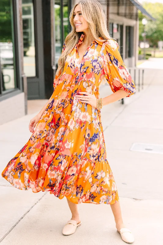 Women's floral dress neutral -Think It Through Orange Floral Babydoll Midi Dress