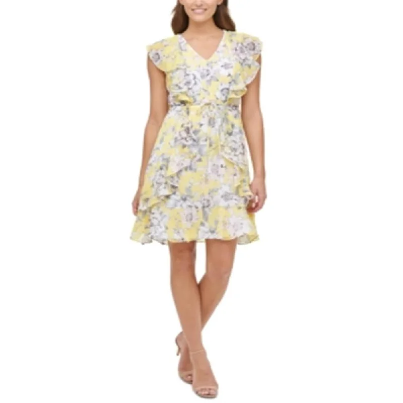 Women's flare dress bachelorette -Tommy Hilfiger Women's Victoria Floral Chiffon Fit & Flare Dress Yellow Size 4