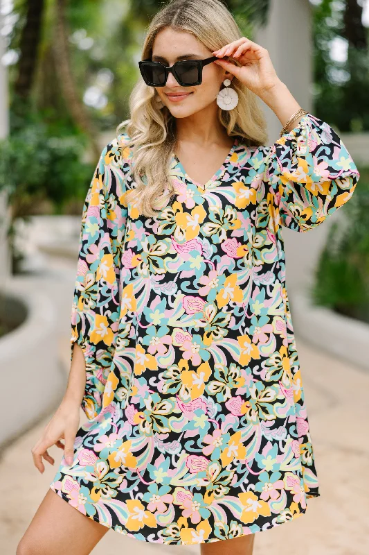 Women's floral dress sunflower -Clear Love Black Floral Bubble Sleeve Dress