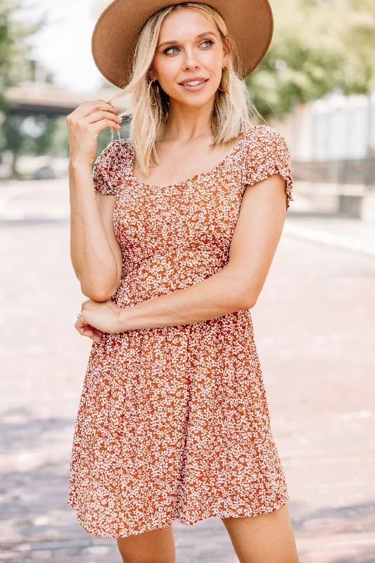 Women's floral dress bold print -Give Joy Terracotta Red Ditsy Floral Dress