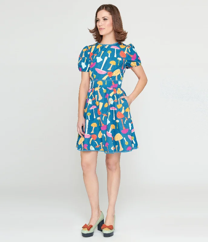 Women's flare dress short -Smak Parlour 1960s Navy & Rainbow Mushroom Open Back Flare Dress