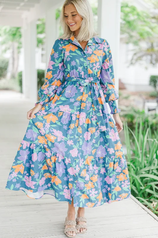 Women's floral dress bold print -Back At It Blue Floral Maxi Dress