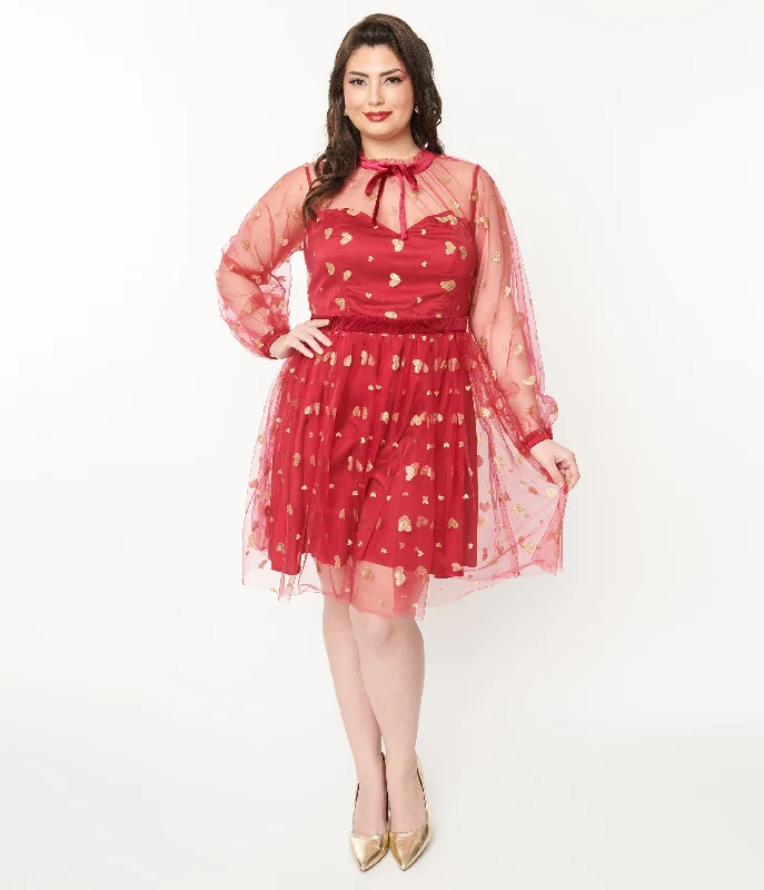 Women's flare dress tie dye -Unique Vintage Plus Size Red & Gold Glitter Heart Flare Dress