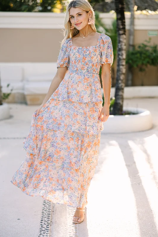 Women's floral dress glitter -It's Your Day Orange Floral Maxi Dress