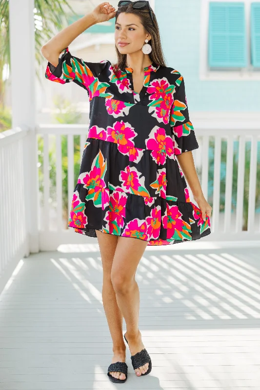 Women's floral dress high neck -Feeling Like Love Black Floral Dress