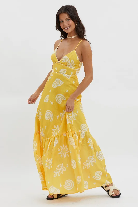 ladies-maxi-dress-autumn-drift-Later Days Cami Strap Maxi Dress Print Yellow