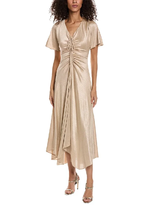 ladies-maxi-dress-puff-sleeve-flow-Taylor Lurex Stretch Knit Maxi Dress