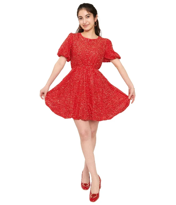 Women's flare dress dinner -Red Sequin Puff Sleeve Flare Dress