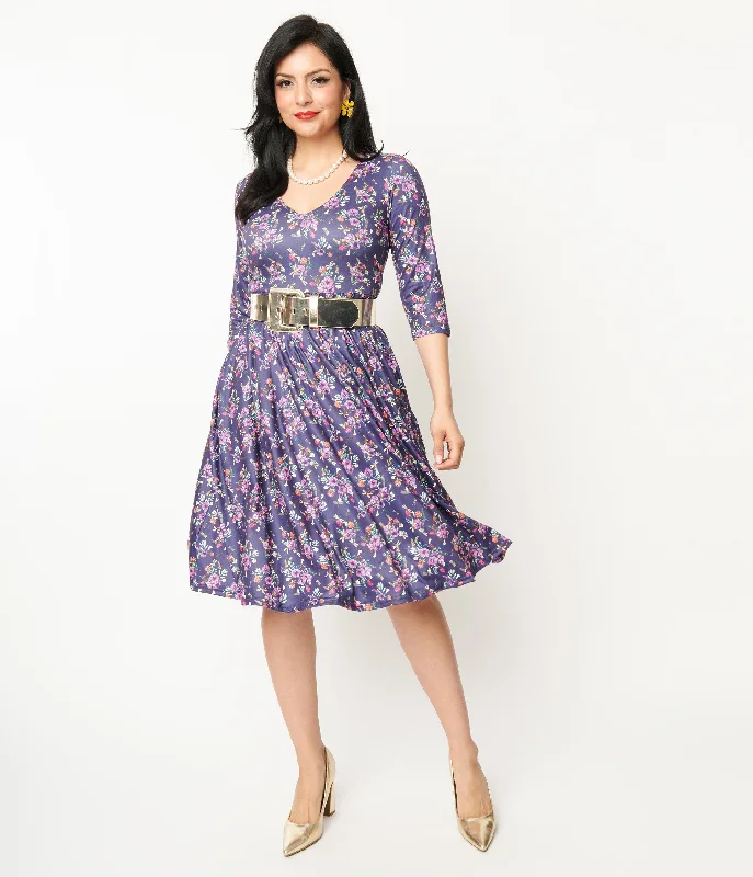 Women's flare dress tailored -Dolly & Dotty Purple Dragonfly Floral Print Billie Fit & Flare Dress