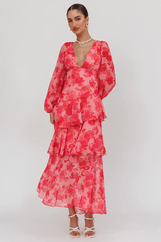 ladies-maxi-dress-off-shoulder-charm-Veda Long Sleeve Floral Tiered Ruffle Maxi Dress Pink