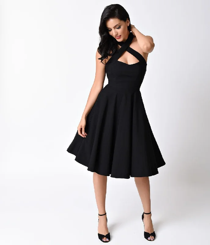 Women's flare dress a-line -Unique Vintage Black Criss Cross Halter Rita Flare Dress