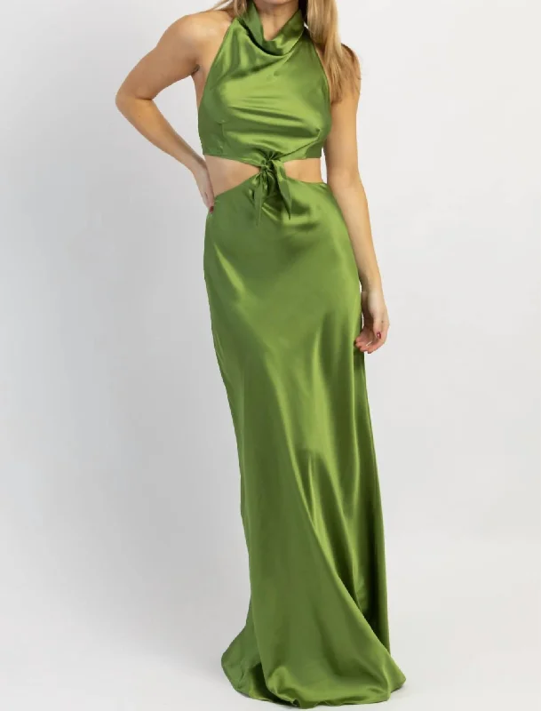 ladies-maxi-dress-puff-sleeve-flow-Kate Bow Tie Maxi Dress In Olive