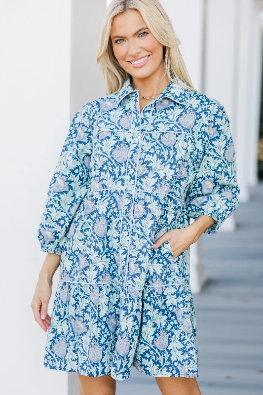 Women's floral dress brunch -On Your Way Navy Blue Floral Babydoll Dress