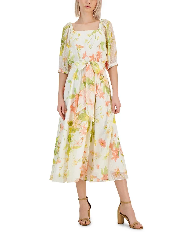 Women's midi dress trendy summer -Womens Floral Print Chiffon Midi Dress