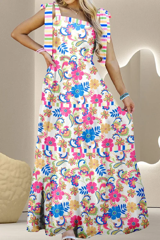 Women's floral dress beach -Tied Floral Sleeveless Maxi Dress