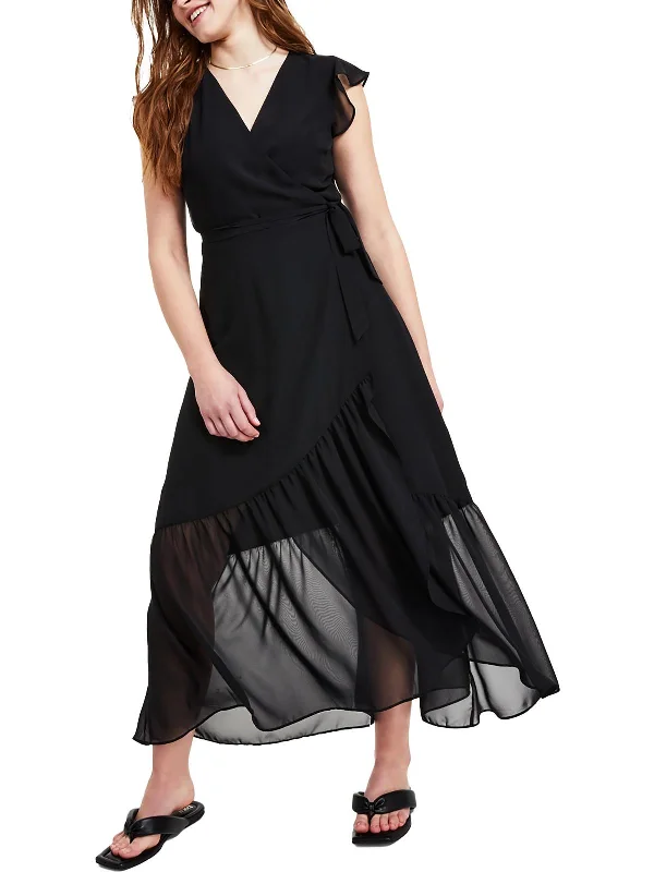 ladies-maxi-dress-mono-flow-Petites Womens Wrap Ruffle Sleeves Maxi Dress