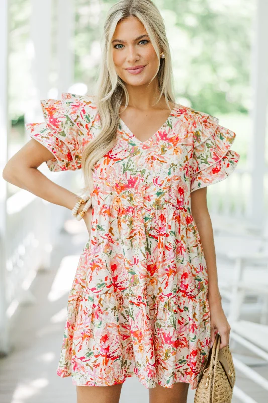 Women's floral dress cinched waist -New To You Coral Pink Ditsy Floral Babydoll Dress