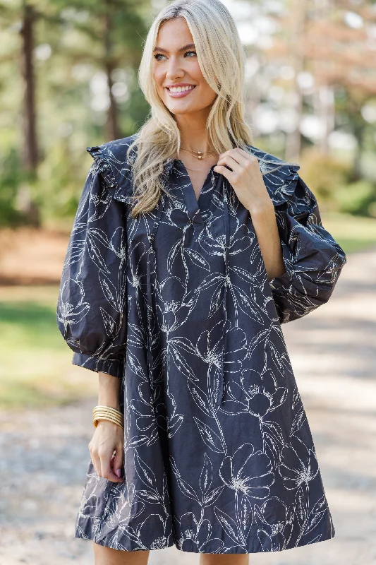 Women's floral dress eco-friendly -Just A Dream Charcoal Gray Floral Dress