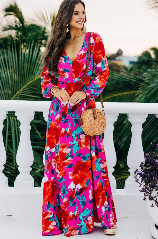 Women's floral dress draped -Just Feels Right Fuchsia Pink Floral Maxi Dress