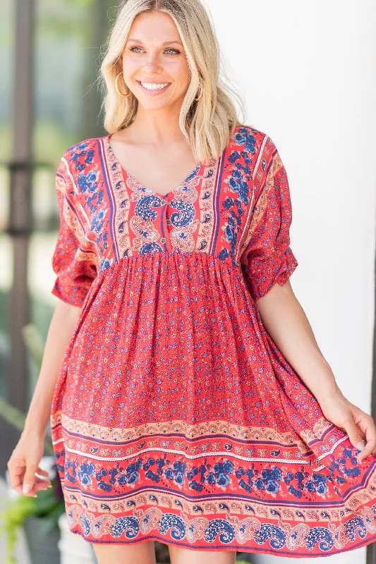 Women's floral dress mini -Boho Summer Red Floral Dress