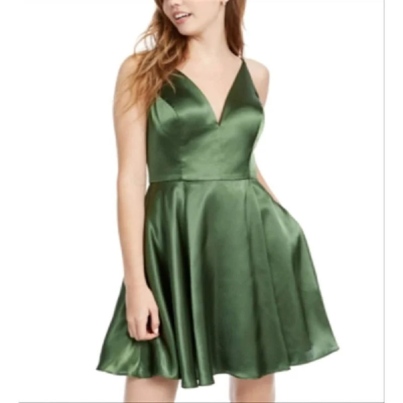 Women's flare dress tailored -Blondie Nites Junior's Lace Up Back Satin Fit & Flare Dress Green Size 1