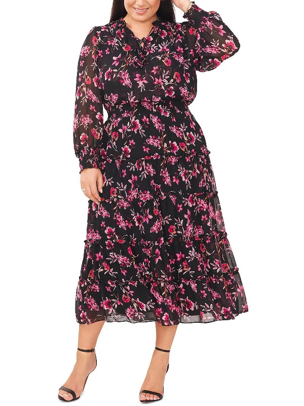 Women's midi dress ruffle -Plus Womens Floral Tiered Midi Dress