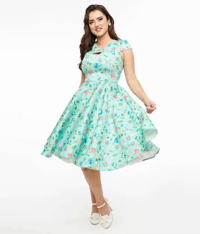 Women's flare dress feminine -Voodoo Vixen 1950s Mint Green English Country Garden Print Fit & Flare Dress