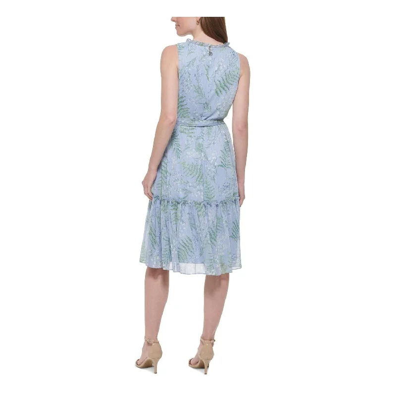 Women's flare dress high fashion -Tommy Hilfiger Women's Zippered Ruffled Tie Belt Floral Sleeveless Round Neck Midi Fit Flare Dress Blue Size 8