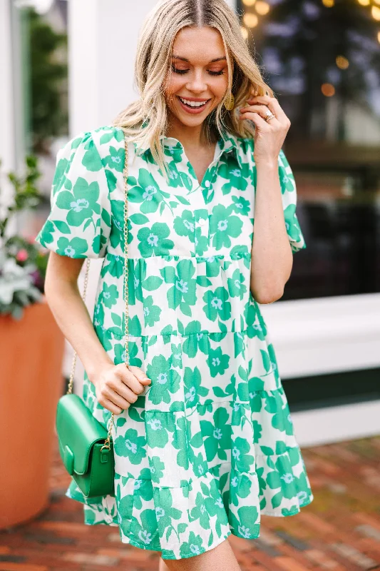 Women's floral dress puff sleeve -Look Where You Are Kelly Green Floral Babydoll Dress