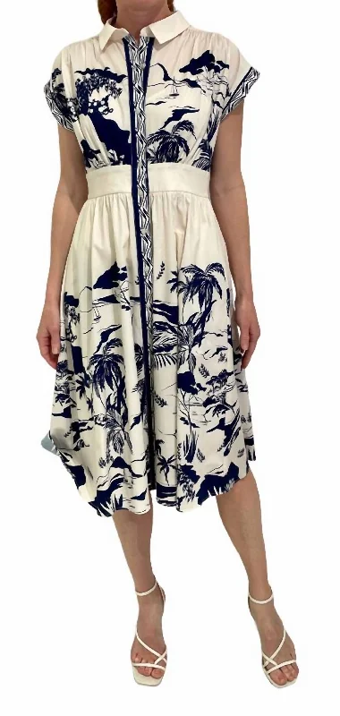 Women's midi dress online -Belted Embroidered Midi Dress In Cream Navy