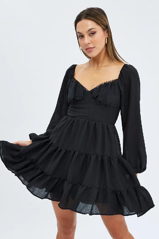 Women's flare dress destination wedding -Black Fit and Flare Dress Long Sleeve Tiered