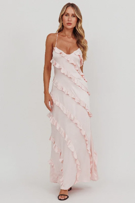 ladies-maxi-dress-asymmetric-sweep-Arrabel Ruffle Trim Maxi Dress Blush