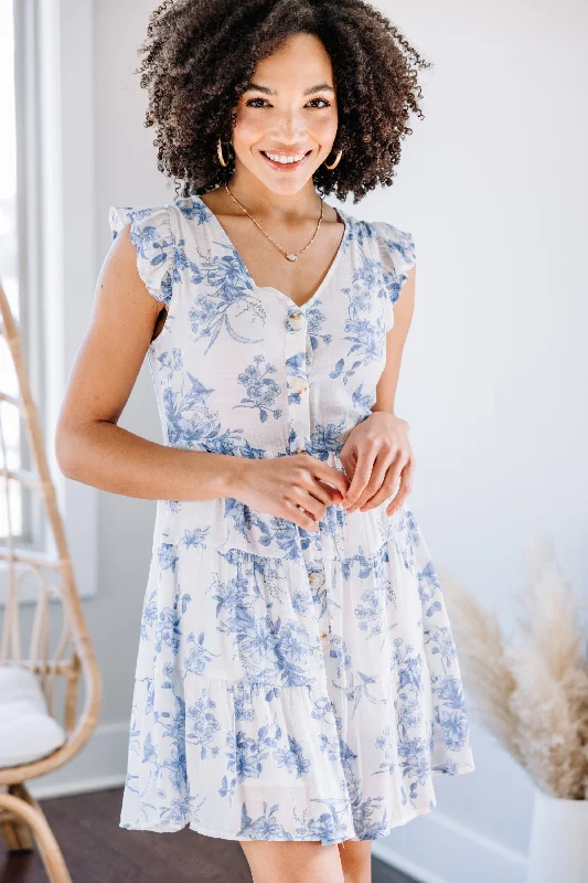 Women's floral dress knit -The Real You Ivory and Blue Floral Dress