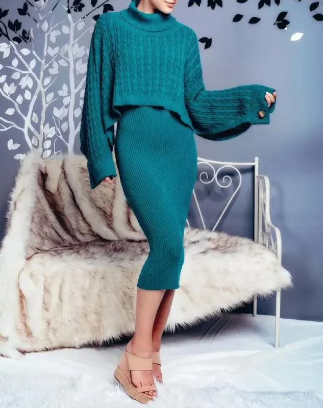 Women's midi dress sporty -Ribbed Midi Dress And Turtleneck Sweater Set in Teal