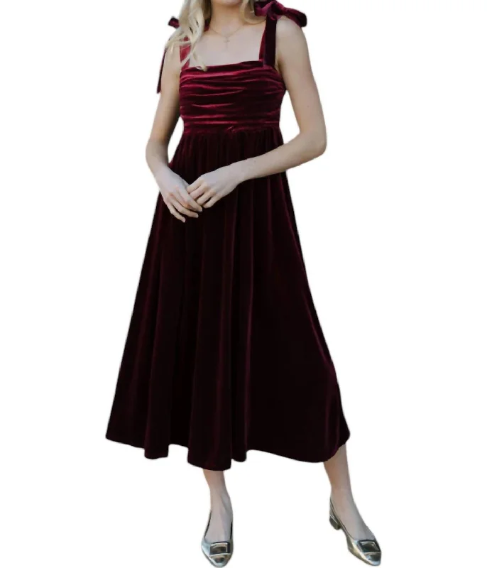 Women's midi dress black -Velvet Tie Strap Midi Dress In Burgundy