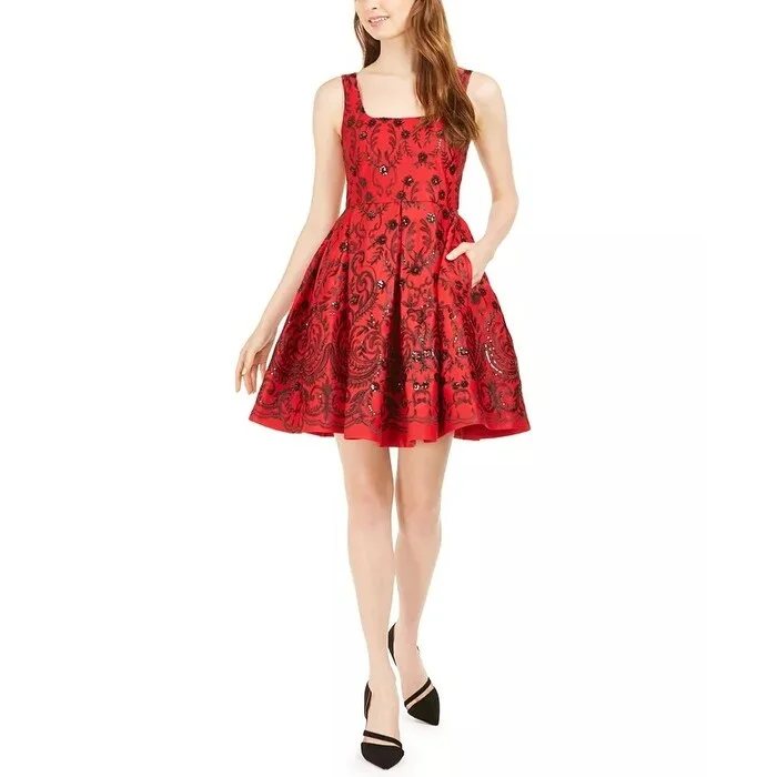 Women's flare dress festival -Taylor Women's Sequined Fit & Flare Dress Red Size 16