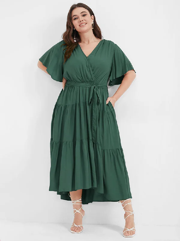 Women's midi dress affordable -Solid Button Pocket Belted Ruffles Wrap Midi Dress