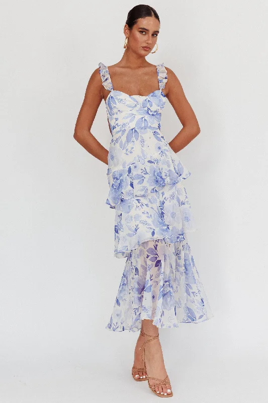 ladies-maxi-dress-tie-front-flair-Veda Strappy Back Ruffle Maxi Dress Flowers Blue