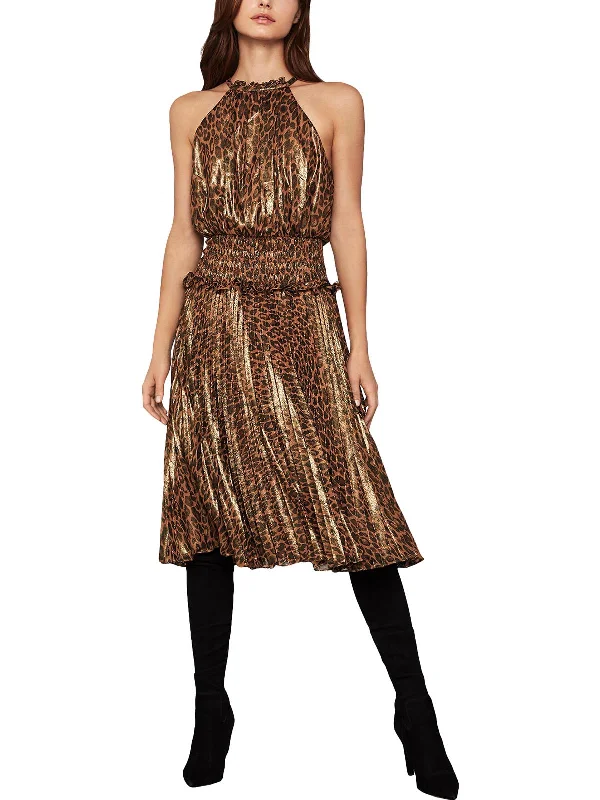 Women's midi dress square neck -Womens Metallic Animal Print Midi Dress