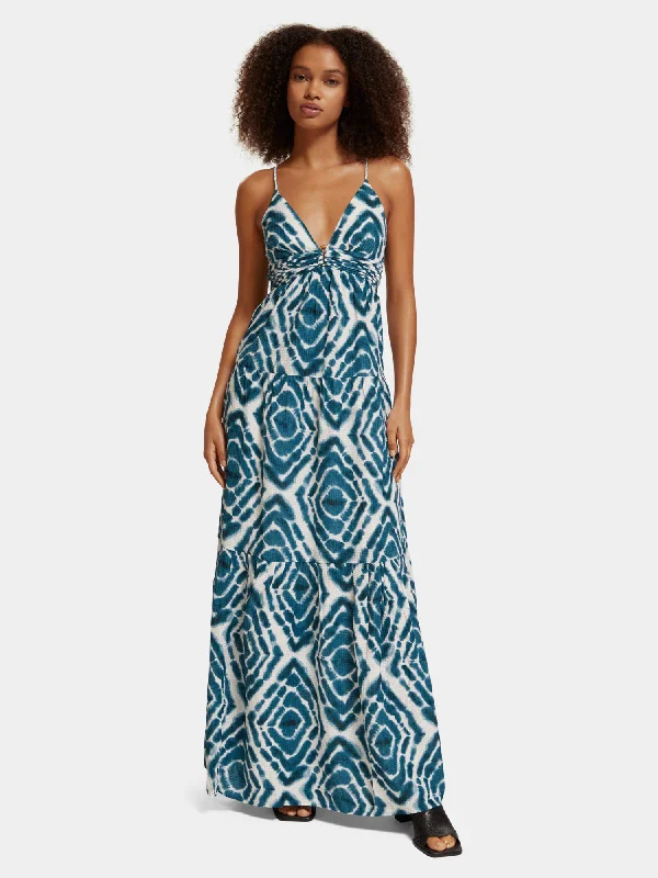 ladies-maxi-dress-tie-dye-wave-V-neck tie-dyed maxi strap dress