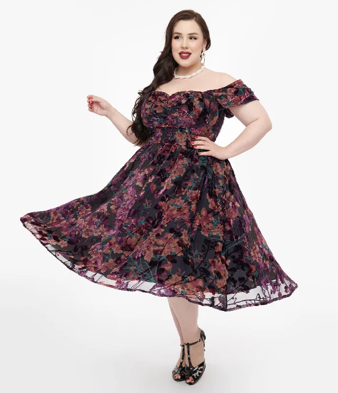 Women's flare dress feather -Unique Vintage Plus Size 1950s Purple Floral Velvet Burnout Off Shoulder Flare Dress