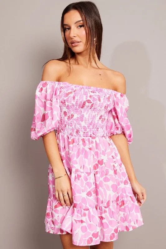 Women's flare dress classic -Pink Floral Fit And Flare Dress Puff Sleeve